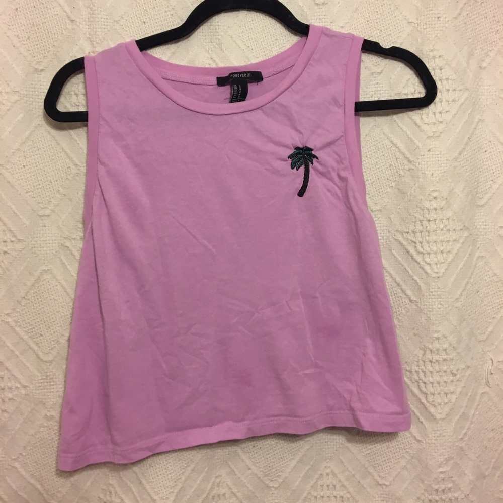 Purple crop tank with palm tree embroidery